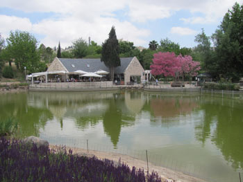 The lake and restaurant at the Jerusalem Botanical Gardens.
